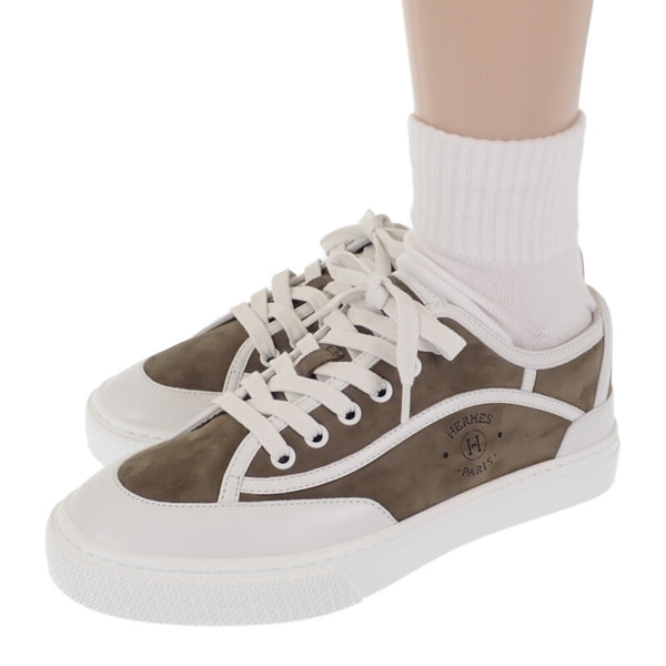 エルメス HERMES ゲット H231027Z_V1375 スニーカー カーフ シェーブル・ヴェロア ヴェール・ツンドラ ホワイト 24.5 レディース【中古】【Sランク】