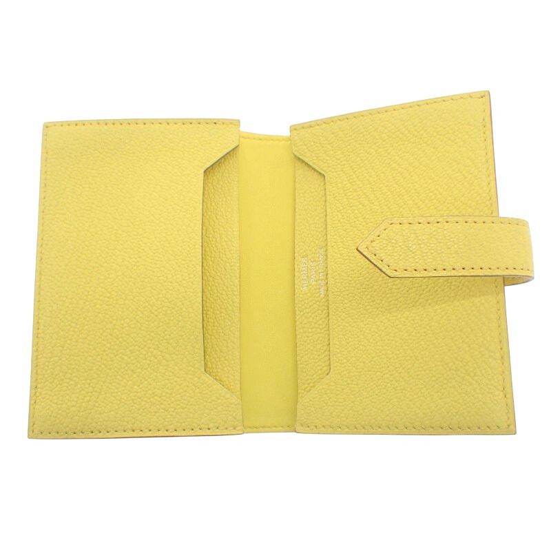 エルメス HERMES ベアン W刻印 カードケース シェーブル イエロー系 シルバー金具 レディース【中古】【Aランク】