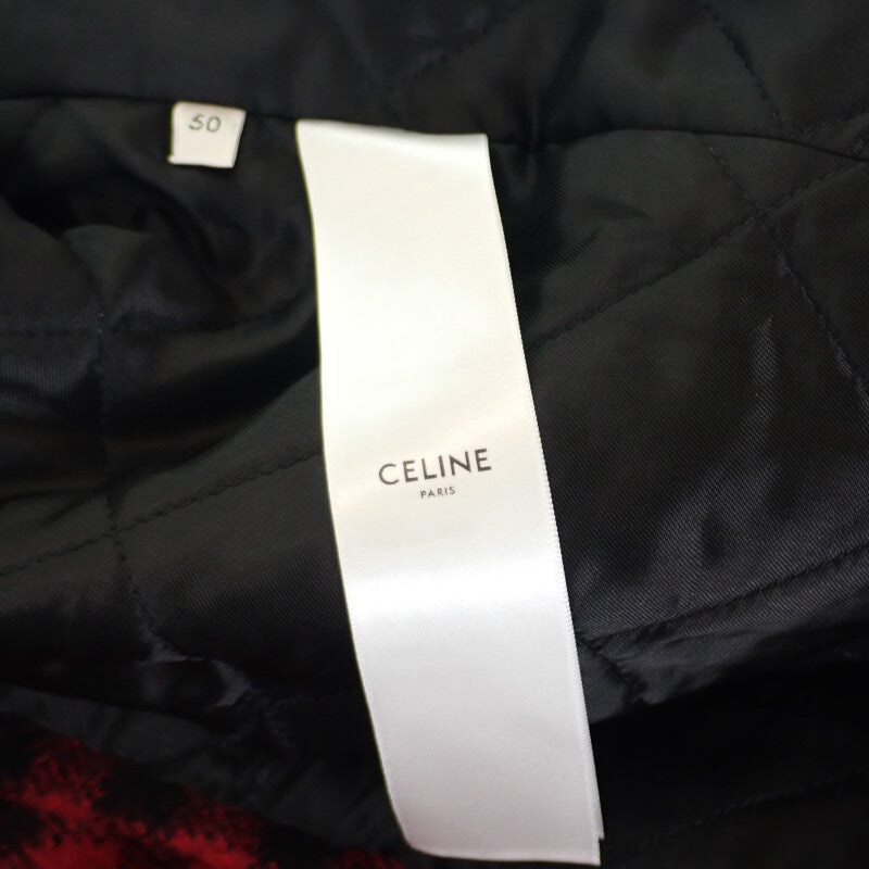 【Aランク】セリーヌ CELINE フード付き チェックシャツジャケット 2W68A000O.27NG その他アウター ウール コットン モヘア ルージュ×ノワール レッド 50 メンズ【ISEYA】