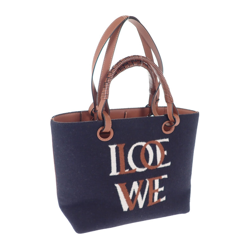 ロエベ LOEWE ロゴ トートスモール 2WAYバッグ ウール レザー ネイビー ブラウン レディース【中古】【Aランク】