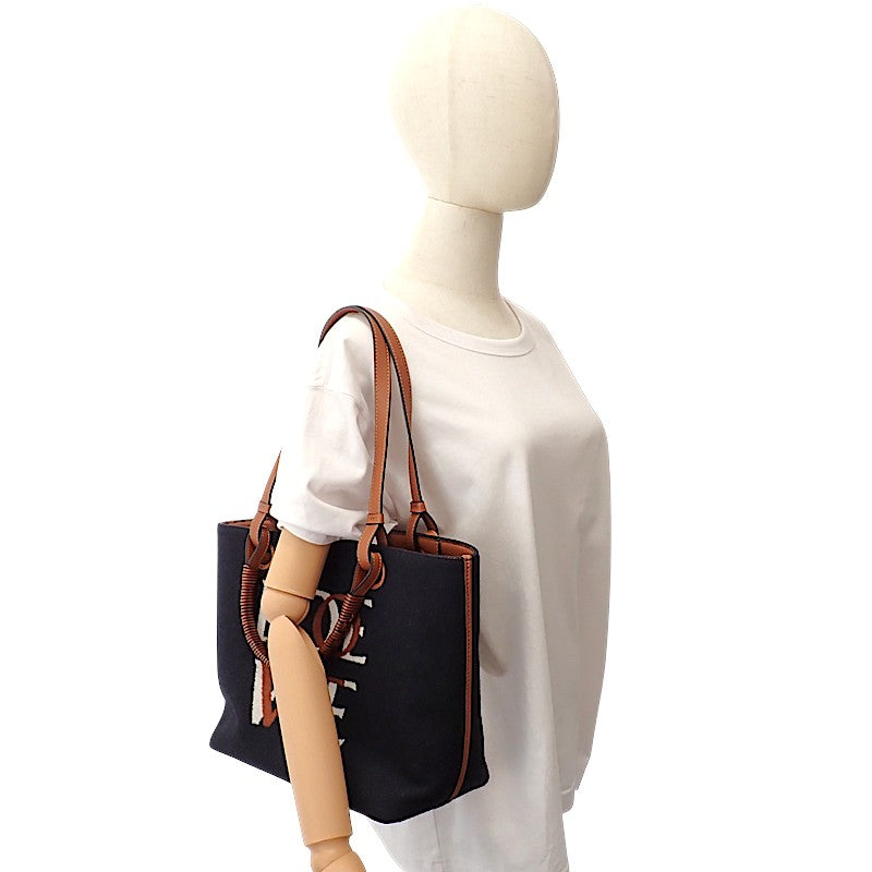 LOEWE Logo Tote Small 2WAY Bag Wool Leather Navy Brown Women's [Used] [A Rank]