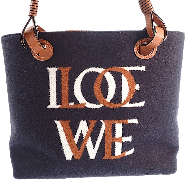 LOEWE Logo Tote Small 2WAY Bag Wool Leather Navy Brown Women's [Used] [A Rank]