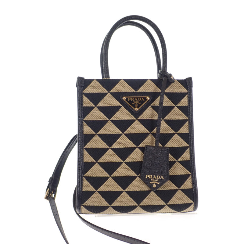 プラダ PRADA シンボル エンブロダイリー ミニバッグ 1BA3552FKLF0Y30 2WAYバッグ ショルダーバッグ ポリエステル サフィアーノ ブラック ベージュ レディース【中古】【Aランク】