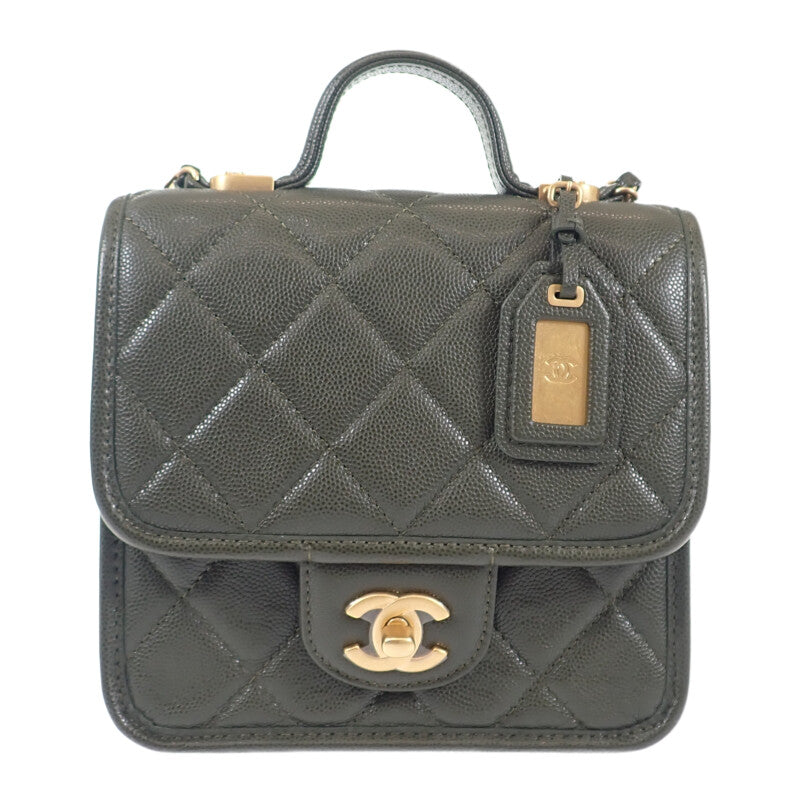 シャネル CHANEL スモール トップハンドル フラップ AS3652 2WAYバッグ ショルダーバッグ キャビアスキン カーキ ゴールド金具 レディース【中古】【Aランク】