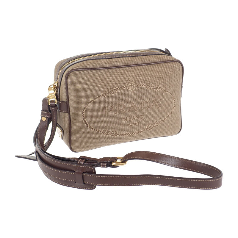 プラダ PRADA ロゴ ジャガードショルダー 1BH089_UCW_F0B16 ショルダーバッグ キャンバス レザー ベージュ ブラウン ゴールド金具 レディース【中古】【Aランク】