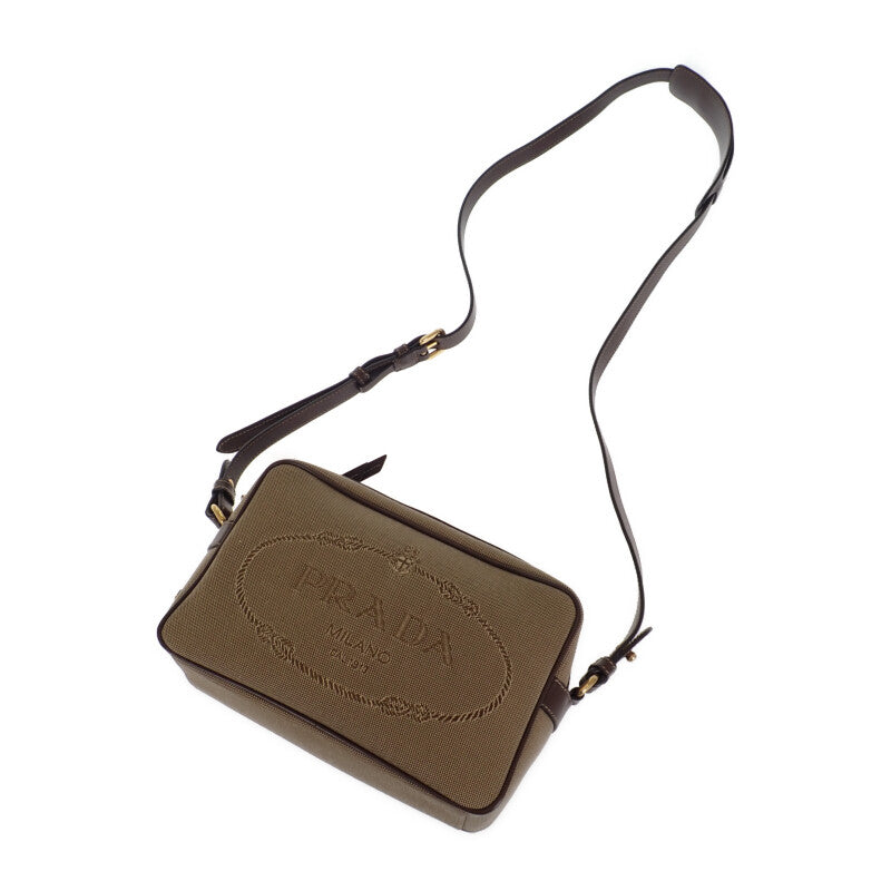 プラダ PRADA ロゴ ジャガードショルダー 1BH089_UCW_F0B16 ショルダーバッグ キャンバス レザー ベージュ ブラウン ゴールド金具 レディース【中古】【Aランク】