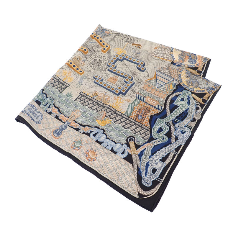 エルメス HERMES カレ90 SUPER SILK QUEST  スカーフ シルク ブラック アイボリー レディース ユニセックス【中古】【Sランク】