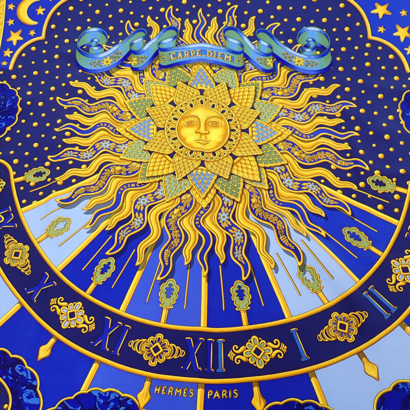 エルメス HERMES カレ90 CARPE DIEM 今日一日を楽しむ スカーフ シルク ブルー レディース【中古】【Aランク】