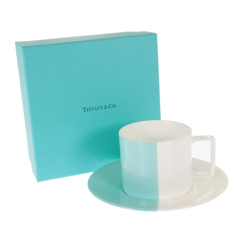 【中古】ティファニー TIFFANY&Co. ティーカップ＆ソーサー 1客 カラーブロック 食器 ボーンチャイナ ブルー ホワイト レディース メンズ【Sランク】