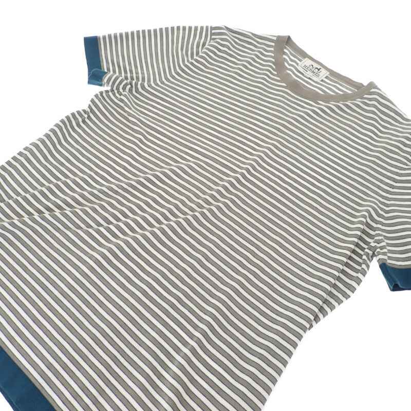 エルメス HERMES ボーダー ニット L 半袖Ｔシャツ コットン グレー ホワイト ネイビー メンズ【中古】【Aランク】
