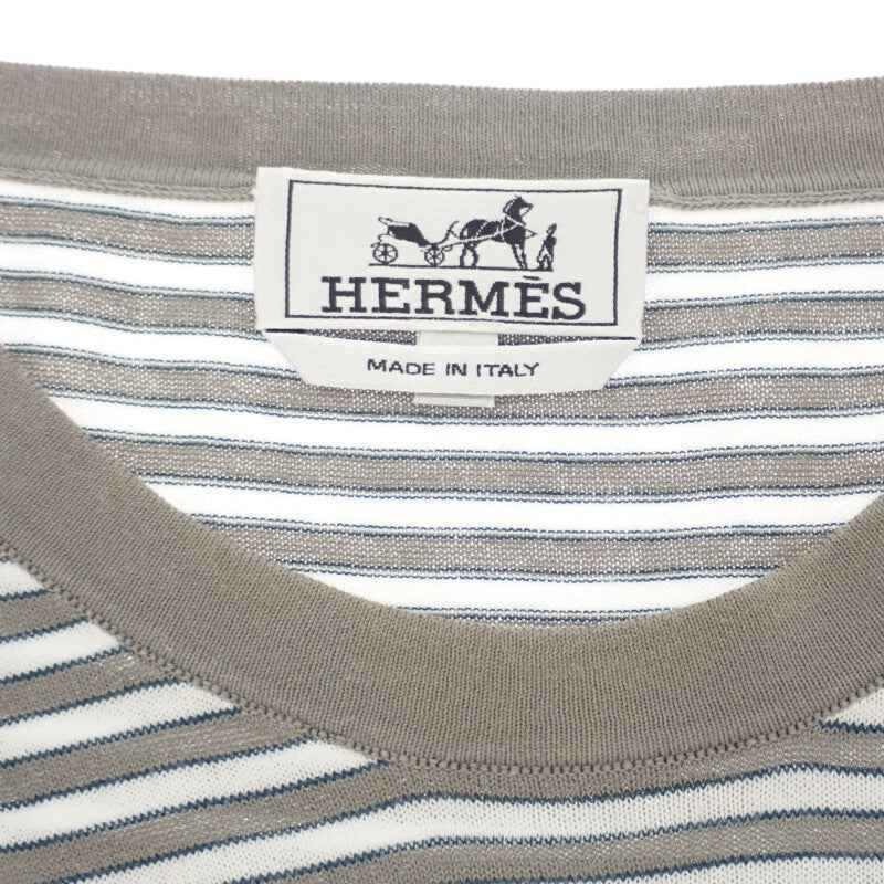 エルメス HERMES ボーダー ニット L 半袖Ｔシャツ コットン グレー ホワイト ネイビー メンズ【中古】【Aランク】