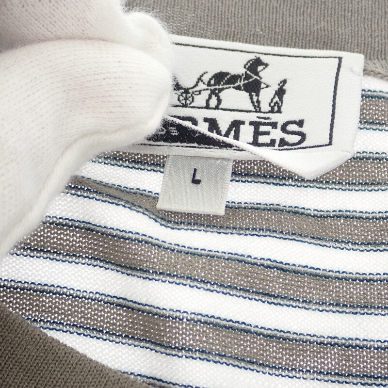 Hermès Border Knit L Short Sleeve T-Shirt Cotton Gray White Navy Men's [Used] [A Rank]