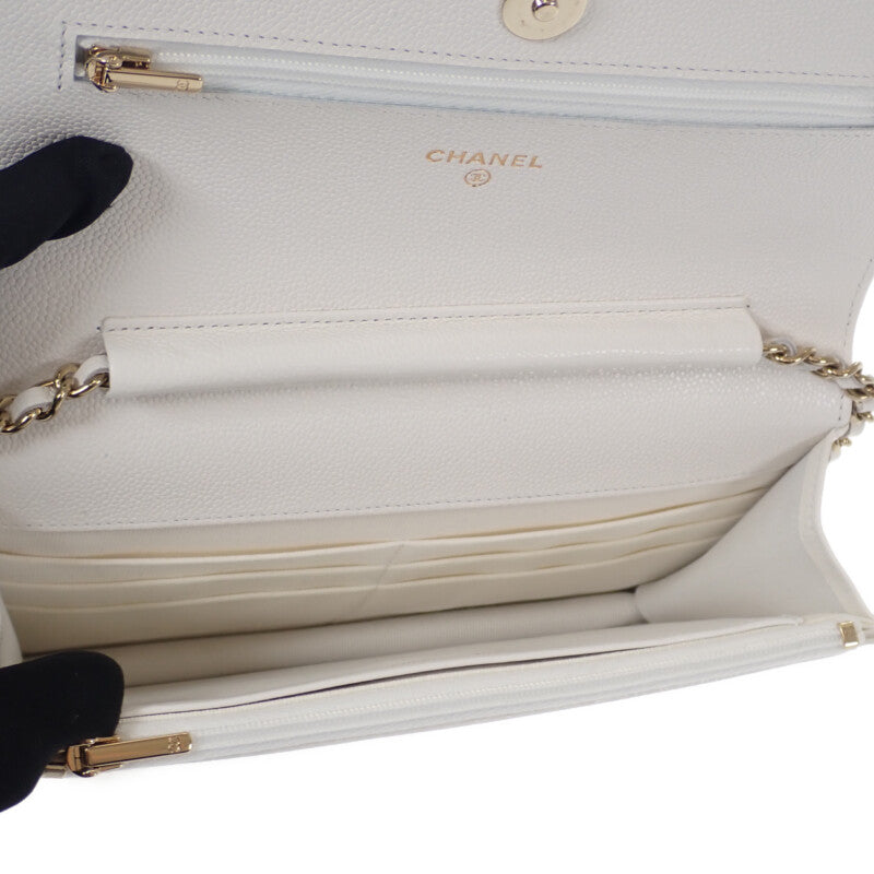 シャネル CHANEL クラシック チェーンウォレット AP0250 ショルダーバッグ キャビアスキン ホワイト ゴールド金具 レディース【中古】【Aランク】
