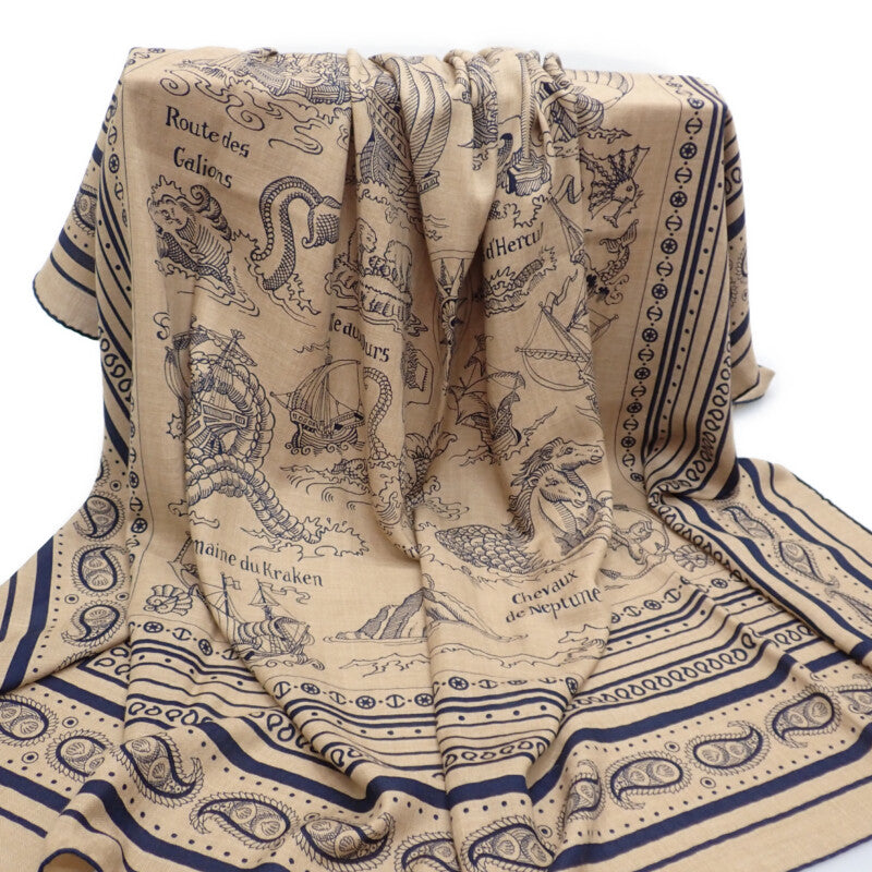 エルメス HERMES カレジェアン140 船乗りのタトゥー バンダナ スカーフ カシミヤ シルク ベージュ ネイビー レディース【中古】【Aランク】