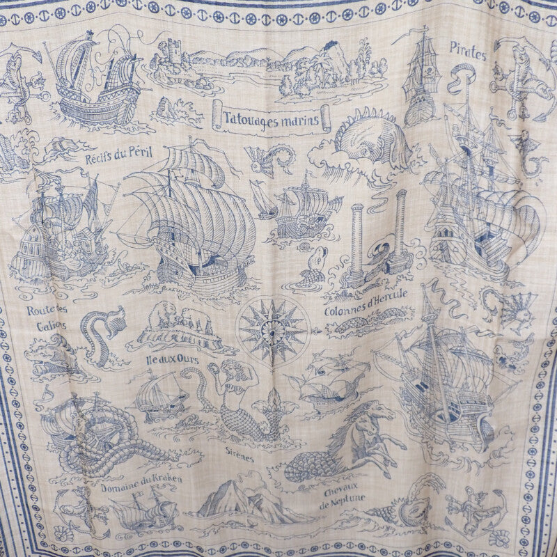 HERMES Carre Geant 140 Sailor's Tattoo Bandana Scarf Cashmere Silk Beige Navy Women's [Used] [A Rank]