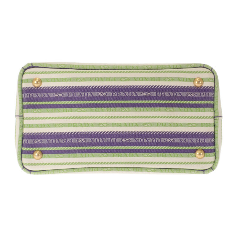 プラダ PRADA カナパトート ボーダー 1BG439 2WAYバッグ ショルダーバッグ キャンバス パープル グリーン ゴールド金具 レディース【中古】【ABランク】