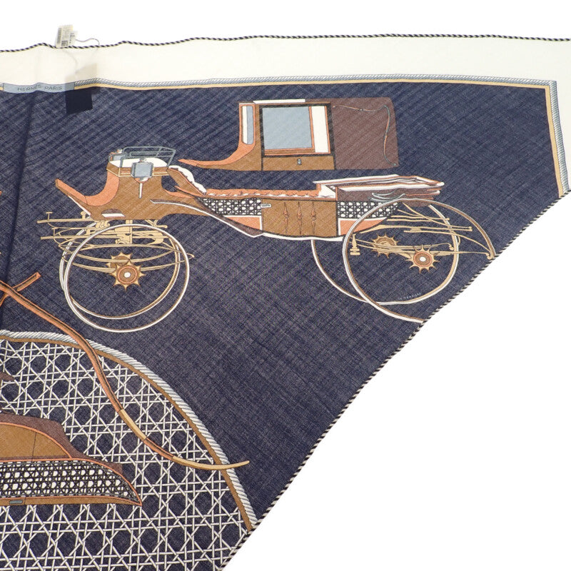 エルメス HERMES トライアングルジェアン LES VOITURES TRANSFORMATION 361422S スカーフ カシミヤ シルク ネイビー レディース【中古】【SAランク】