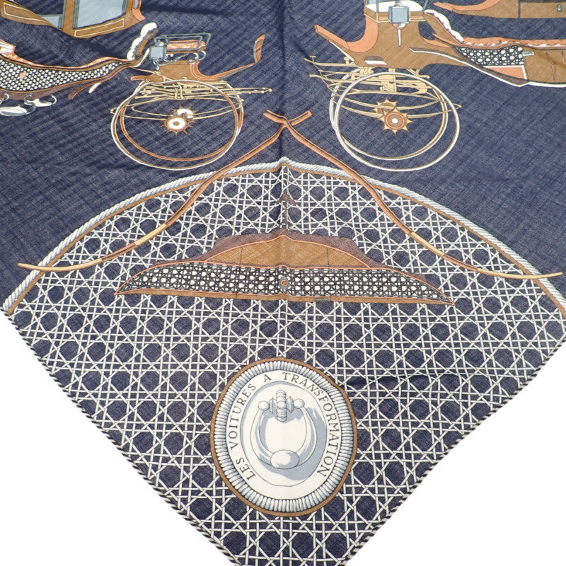 エルメス HERMES トライアングルジェアン LES VOITURES TRANSFORMATION 361422S スカーフ カシミヤ シルク ネイビー レディース【中古】【SAランク】