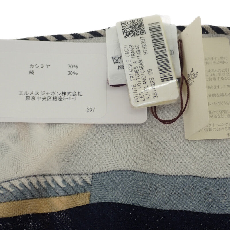 エルメス HERMES トライアングルジェアン LES VOITURES TRANSFORMATION 361422S スカーフ カシミヤ シルク ネイビー レディース【中古】【SAランク】