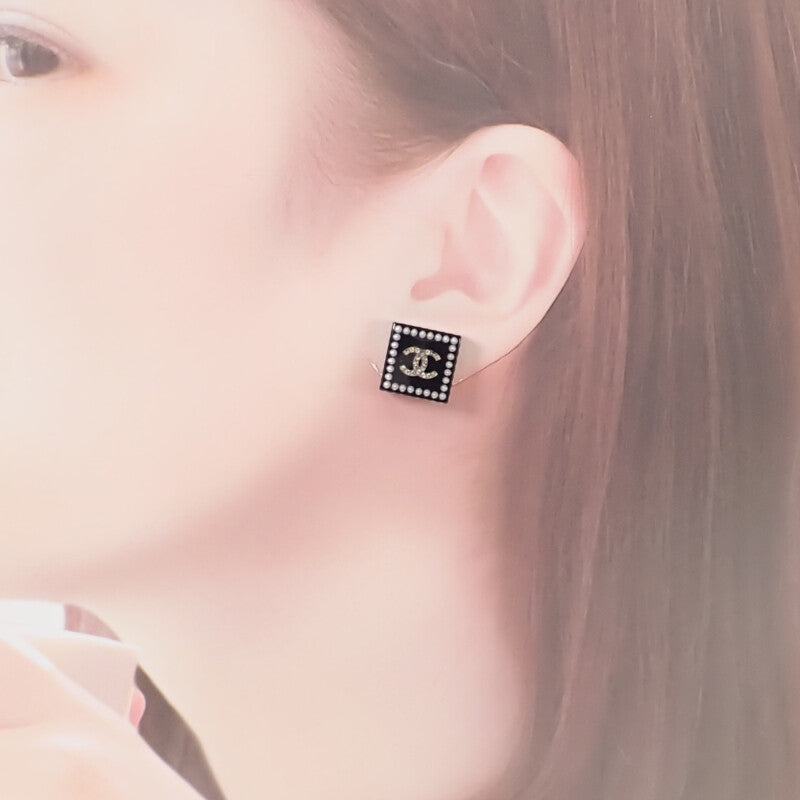 【中古】シャネル CHANEL CCスクエア 15C ピアス フェイクパール ストラス ブラック レディース【ABランク】