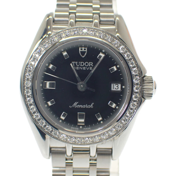 チューダー TUDOR モナーク ダイヤモンドベゼル 15810 腕時計 ステンレススチール クオーツ ブラック文字盤 レディース【中古】【Aランク】