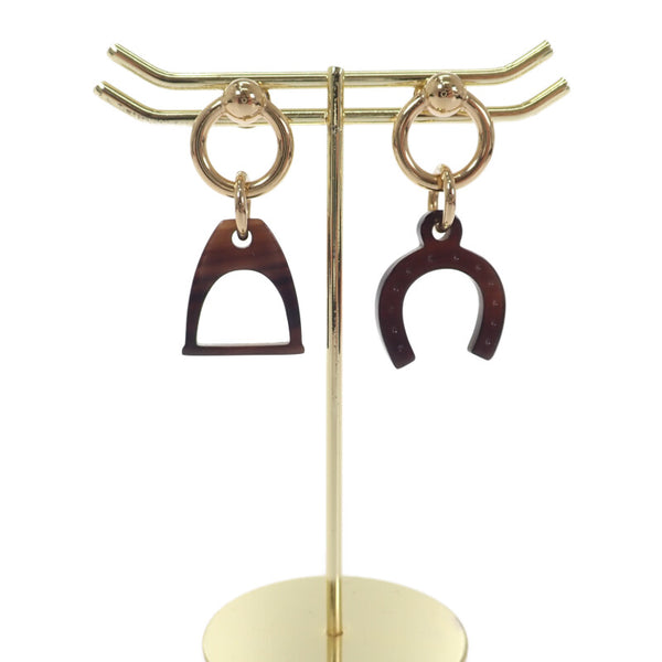 エルメス HERMES アミュレットエスケトル ピアス メタル バッファローホーン ブラウン ゴールド金具 レディース【中古】【ABランク】