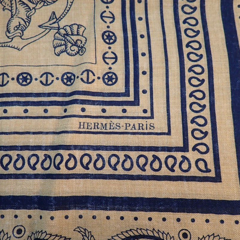 エルメス HERMES カレジェアン 140 船乗りのタトゥー・バンダナ 大判 243374S08 ストール カシミヤ シルク ブラウン レディース【中古】【SAランク】