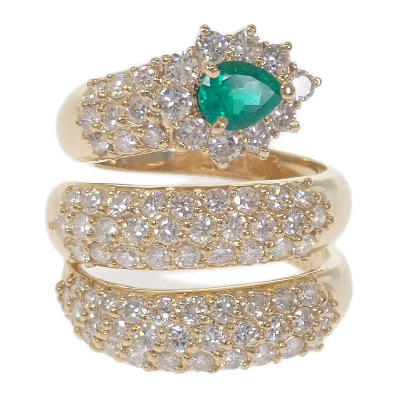 K18YG デザインジュエリー スパイラル リング K18イエローゴールド 14号 ダイヤモンド エメラルド レディース【中古】【Aランク】