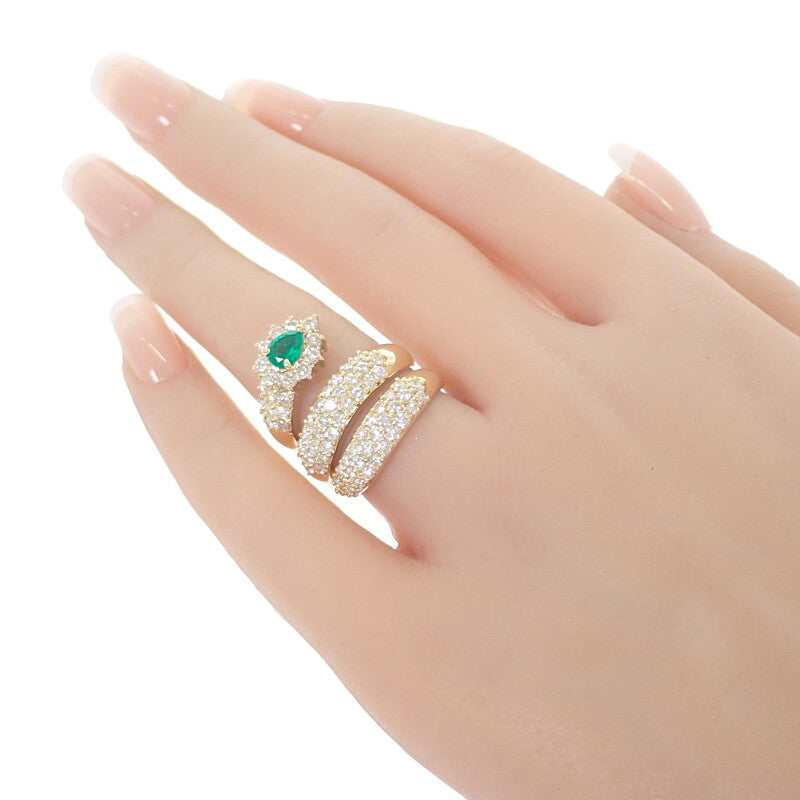 K18YG デザインジュエリー スパイラル リング K18イエローゴールド 14号 ダイヤモンド エメラルド レディース【中古】【Aランク】