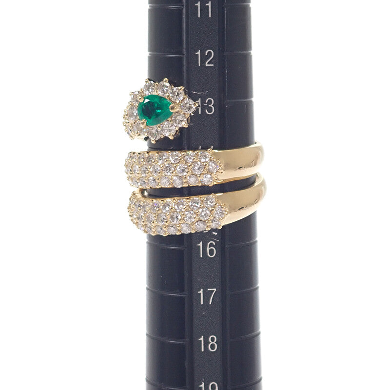 K18YG デザインジュエリー スパイラル リング K18イエローゴールド 14号 ダイヤモンド エメラルド レディース【中古】【Aランク】