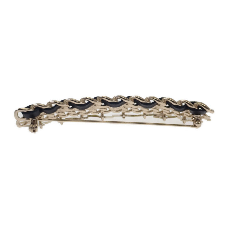CHANEL CC Logo Chain Brooch Metal Leather Gold Black Women's [Used] [Rank AB]