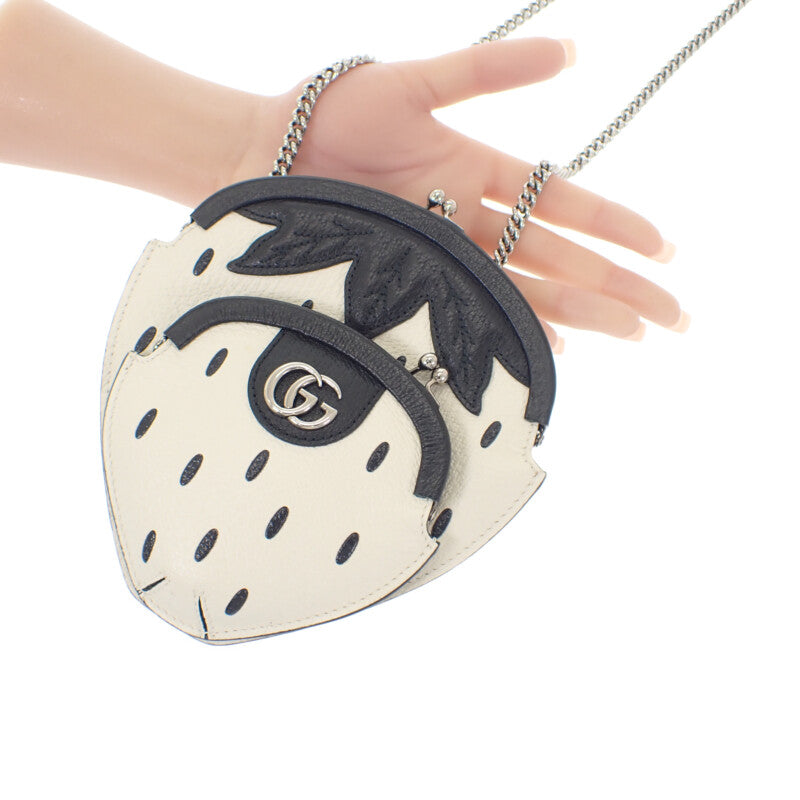 グッチ GUCCI ストロベリーポシェット 719725 ショルダーバッグ レザー ホワイト ブラック シルバー金具 レディース【中古】【Aランク】