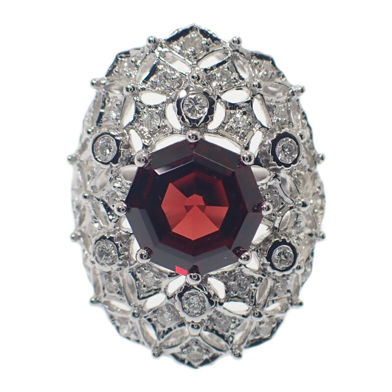 デザイン ジュエリー 9号 リング K18ホワイトゴールド ガーネット ダイヤモンド レディース【中古】【Aランク】