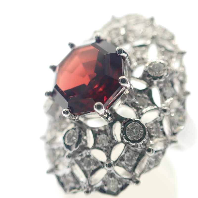 デザイン ジュエリー 9号 リング K18ホワイトゴールド ガーネット ダイヤモンド レディース【中古】【Aランク】