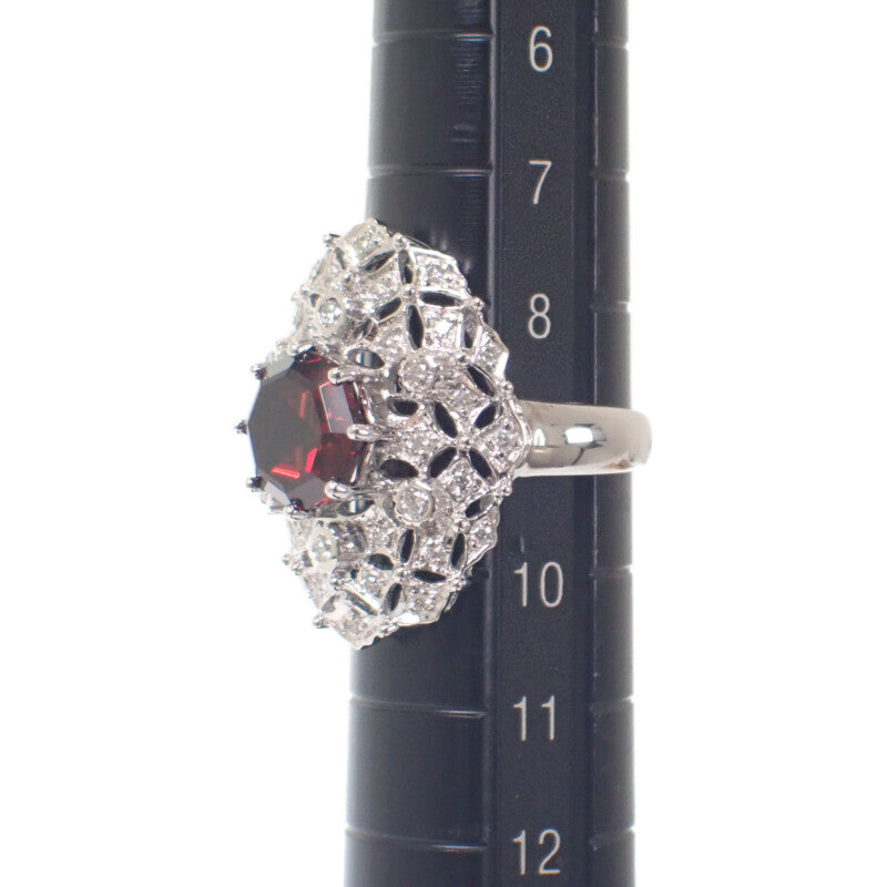 デザイン ジュエリー 9号 リング K18ホワイトゴールド ガーネット ダイヤモンド レディース【中古】【Aランク】