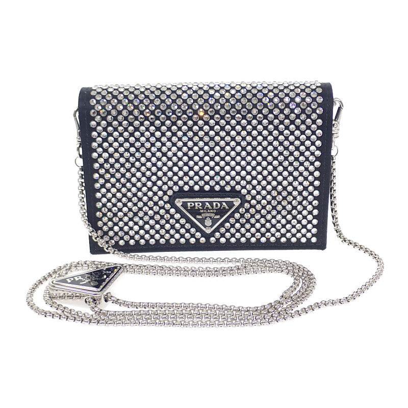プラダ PRADA ストラップ付き 1MR024_2AWL_F0T7O カードケース シルク ブラック シルバー金具 レディース【中古】【Aランク】