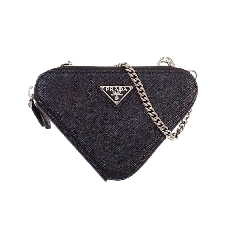 プラダ PRADA トライアングルミニポーチ 1NR015 2WAYバッグ サフィアーノ ブラック シルバー金具 レディース【中古】【ABランク】