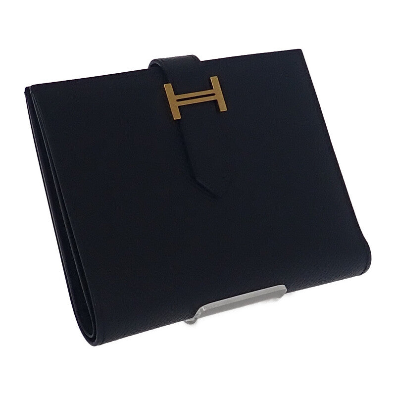 エルメス HERMES ベアンコンパクト W刻印 二つ折り財布 ヴォーエプソン ブラック ゴールド金具 レディース メンズ【中古】【Aランク】