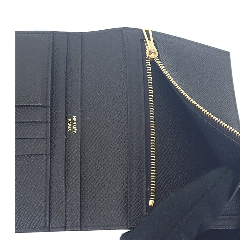 エルメス HERMES ベアンコンパクト W刻印 二つ折り財布 ヴォーエプソン ブラック ゴールド金具 レディース メンズ【中古】【Aランク】