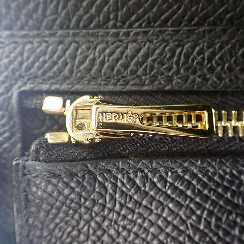 エルメス HERMES ベアンコンパクト W刻印 二つ折り財布 ヴォーエプソン ブラック ゴールド金具 レディース メンズ【中古】【Aランク】