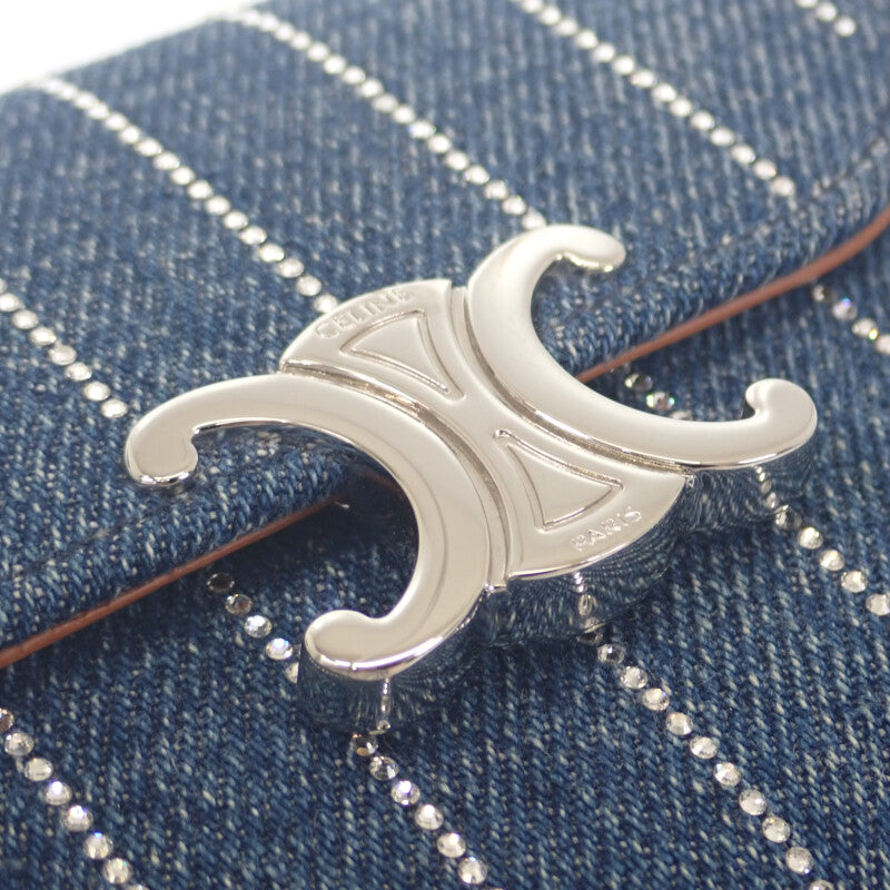 セリーヌ CELINE トリオンフ スモール フラップウォレット 10D782GF4.07FX 三つ折り財布 デニム ラインストーン ブルー シルバー金具 レディース【中古】【ABランク】