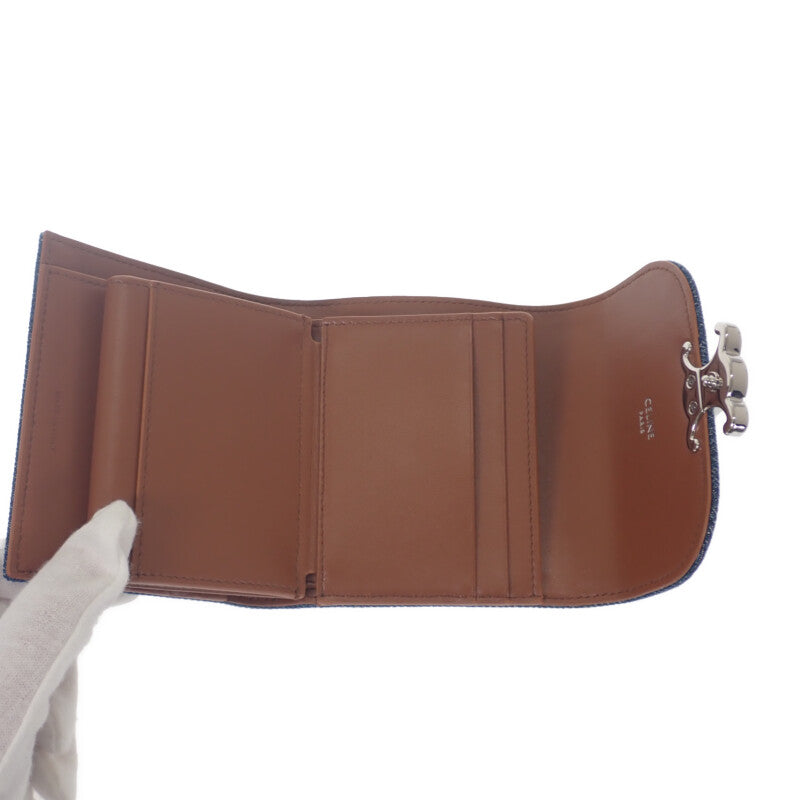セリーヌ CELINE トリオンフ スモール フラップウォレット 10D782GF4.07FX 三つ折り財布 デニム ラインストーン ブルー シルバー金具 レディース【中古】【ABランク】