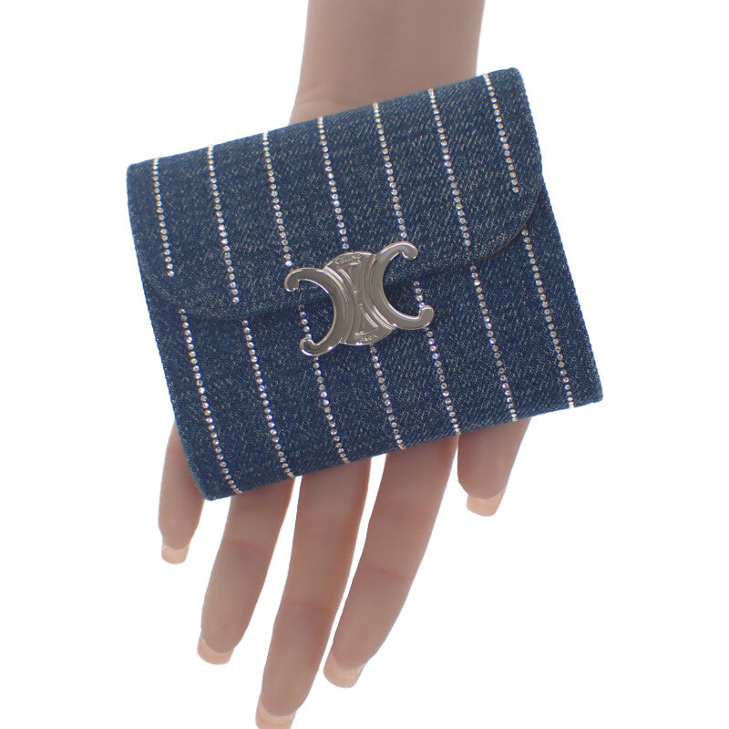 セリーヌ CELINE トリオンフ スモール フラップウォレット 10D782GF4.07FX 三つ折り財布 デニム ラインストーン ブルー シルバー金具 レディース【中古】【ABランク】