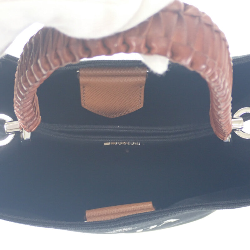 プラダ PRADA パニエ 1BA212_2DID_F0B7K_V_POO ハンドバッグ キャンバス レザー ブラック ブラウン レディース【中古】【Aランク】