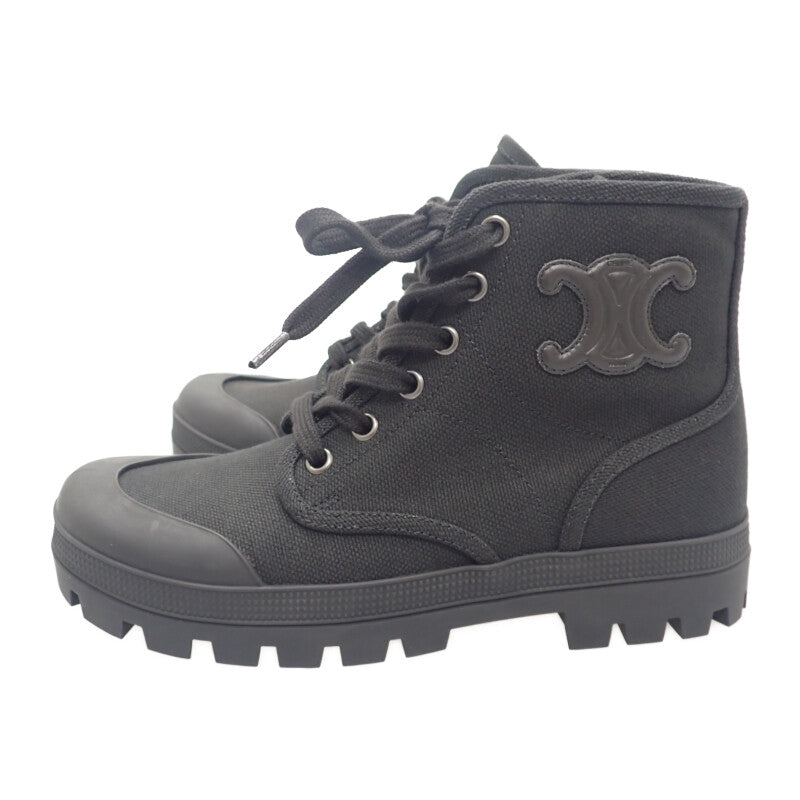 セリーヌ CELINE パタパンレースアップ ハイカット 343142198C.38NO スニーカー キャンバス レザー ブラック 35 レディース【中古】【Aランク】