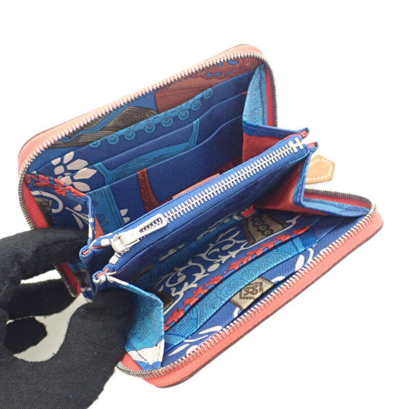 エルメス HERMES アザップ シルクイン コンパクト コインケース ヴォーエプソン シルク ローズテキサス ブルーゼリージュ レッド シルバー金具 レディース【中古】【Aランク】