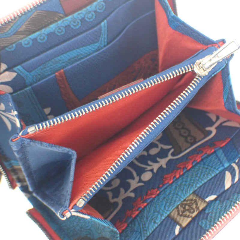 エルメス HERMES アザップ シルクイン コンパクト コインケース ヴォーエプソン シルク ローズテキサス ブルーゼリージュ レッド シルバー金具 レディース【中古】【Aランク】