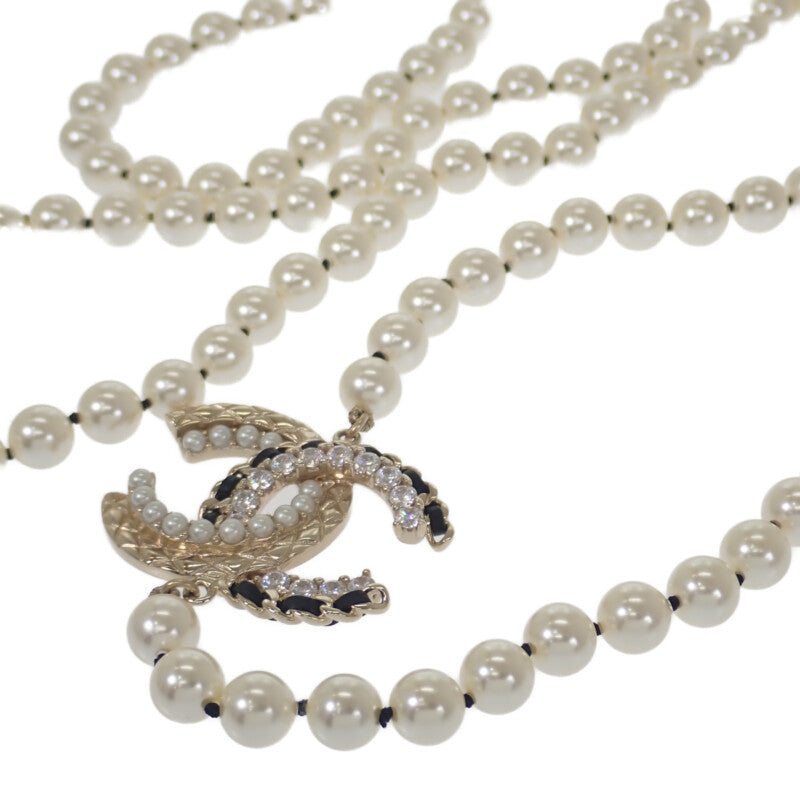 シャネル CHANEL CCロングパール ネックレス メタル レザー ゴールド レディース【中古】【Aランク】