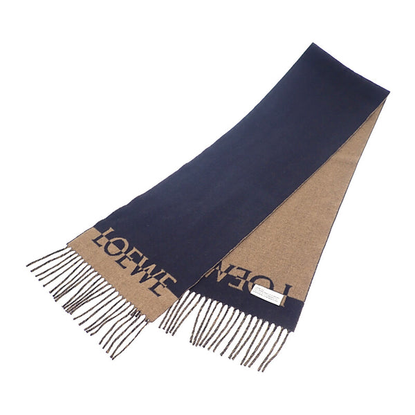 ロエベ LOEWE ロゴスカーフ マフラー ウール カシミヤ ネイビー ブラウン レディース メンズ ユニセックス【中古】【Aランク】