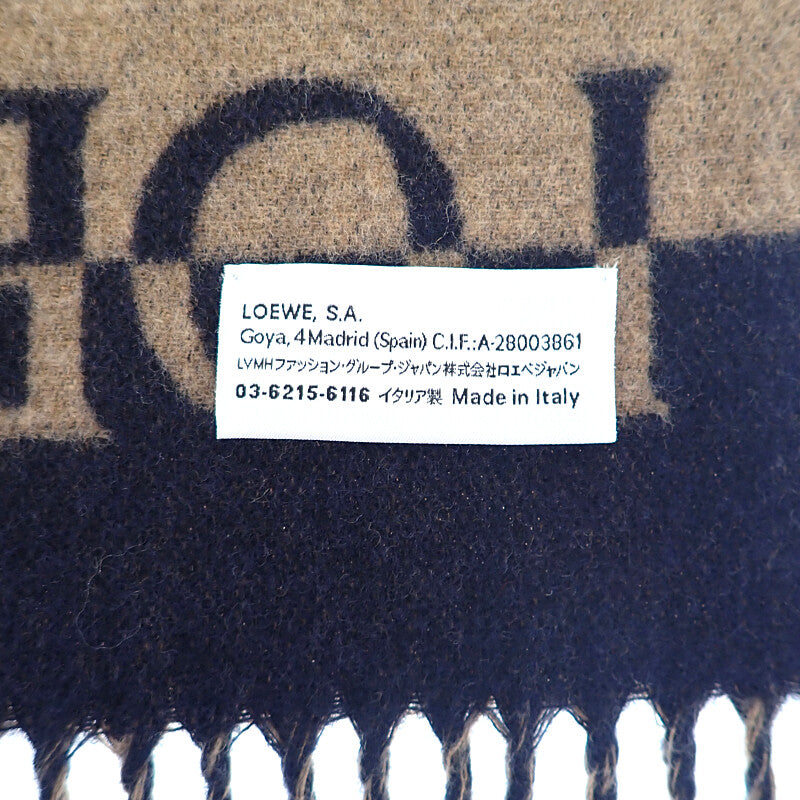 ロエベ LOEWE ロゴスカーフ マフラー ウール カシミヤ ネイビー ブラウン レディース メンズ ユニセックス【中古】【Aランク】
